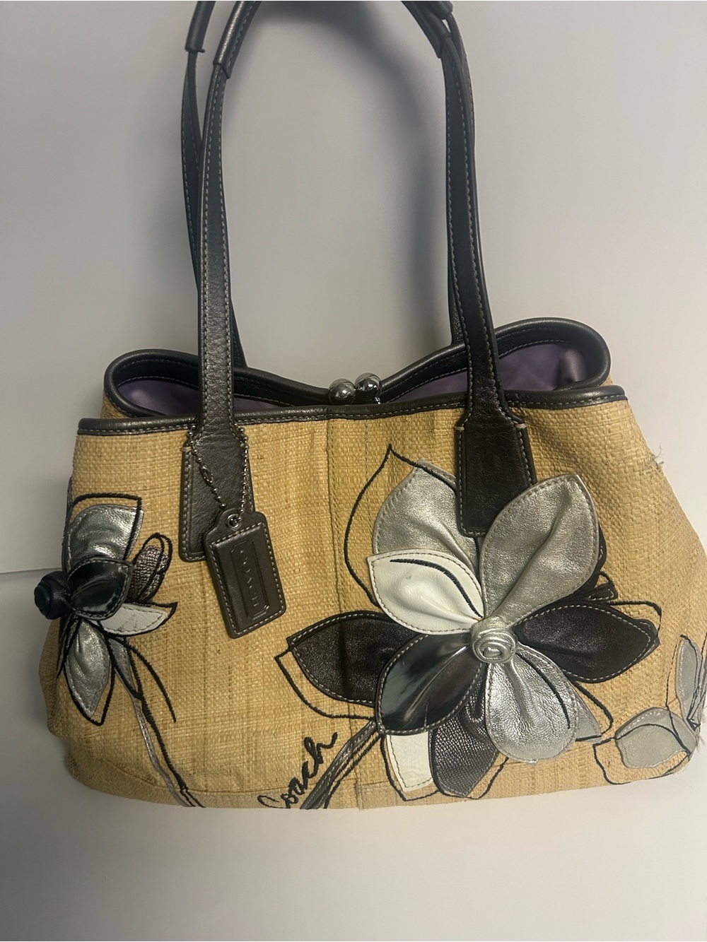 Coach Vintage Hamptons Floral Straw Carryall Tote Bag F14867